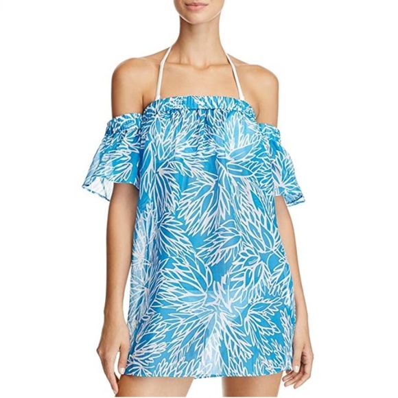 MILLY Flutter Sleeve Lotus Dress Swim Cover-Up Blue White Medium